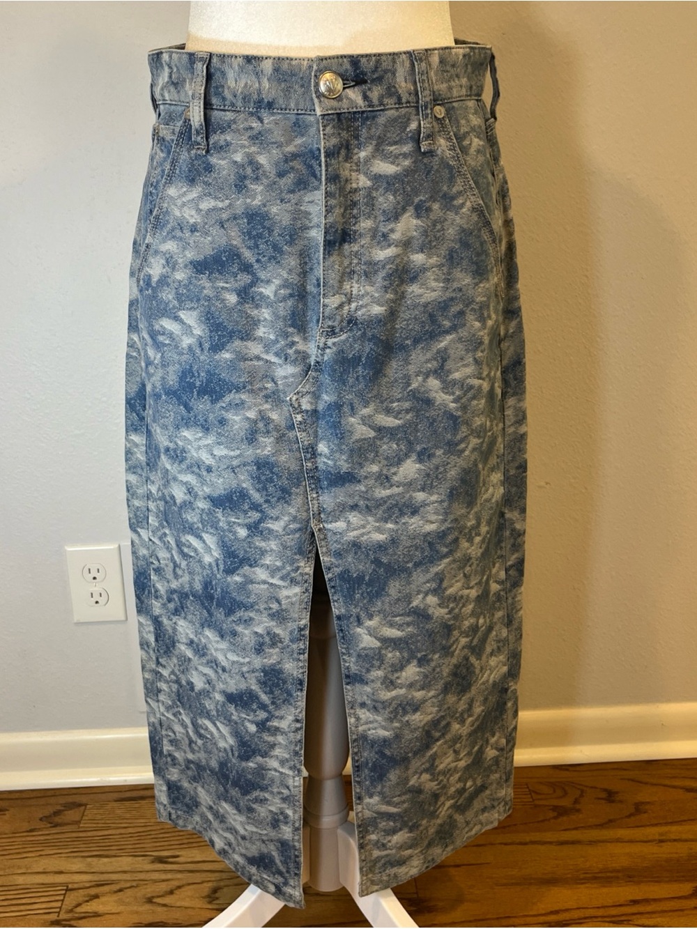 Rag & Bone Sid Jacquard Denim Midi Skirt Textured Blue 27 Front Slit designer